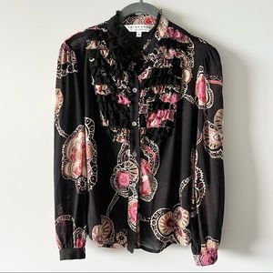 Trina Turk Ruffle Blouse Silk Wool Victorian Top Career R